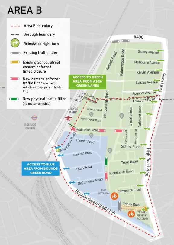 Map of Bounds Green low traffic neighbourhood Area B