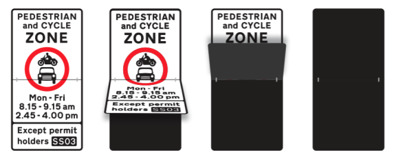 A sign saying 'Pedestrian and Cycle Zone.' It shows when cars cannot go in and says which permit holders can drive there anytime. It also shows how the sign folds so that it's covered when it's not needed.