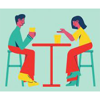 Drawing of 2 people sitting at table talking and drinking