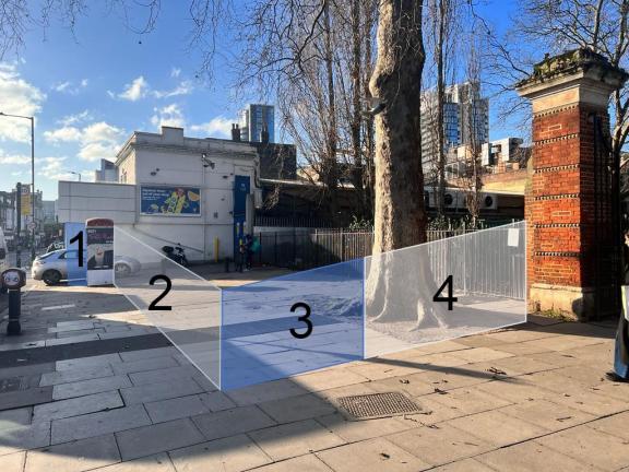 1.	Fence return to wall hides blind spot for public, next to vehicle width manual gate for Lidl’s access (gate 1) 2.	Fence line goes behind the phone box, leaving 2 to 3 meters of pavement space 3.	Vehicle width manual gate (gate 2) 4.	Fence to be same height as park perimeter