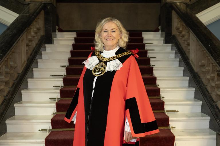 Councillor Sue Jameson in Mayoral vest