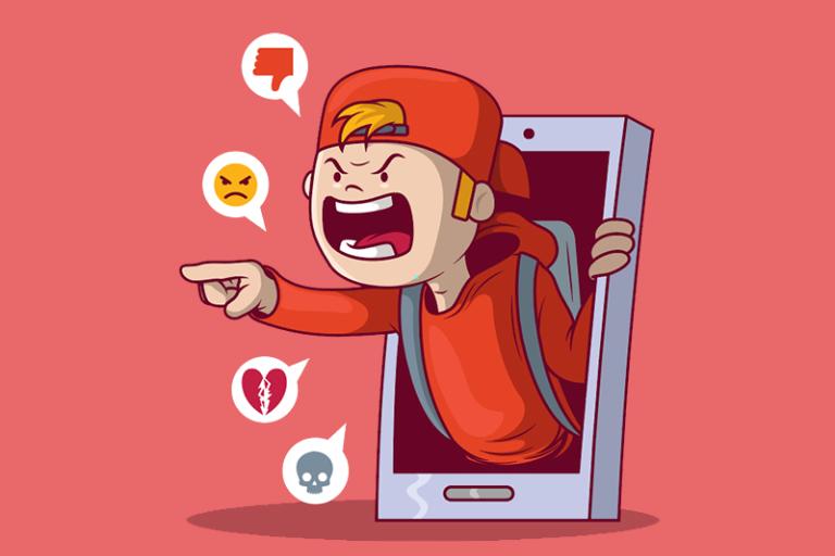 Drawing of angry teenager coming out of a smartphone, with emoji reactions