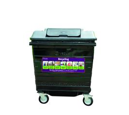 A large black wheelie bin with a black lid and recycling stick on the front.