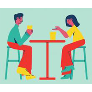 Drawing of 2 people sitting at table talking and drinking